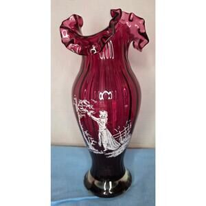 Ruffled Cranberry Fenton Mary Gregory Victorian Cameo Hand Painted Vase 12" - M